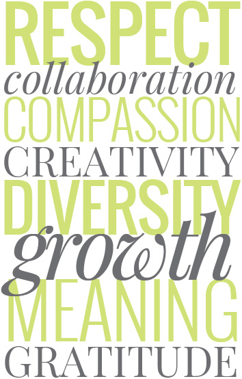 Respect. Collaboration. Compassion. Creativity. Diversity. Growth. Meaning. Gratitude.