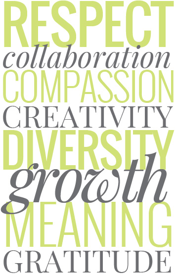 Respect. Collaboration. Compassion. Creativity. Diversity. Growth. Meaning. Gratitude.